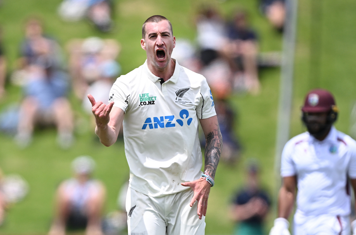 Blair Tickner celebrates a wicket on day one of the second test between the Black Caps and West Indies. Photo / Photosport