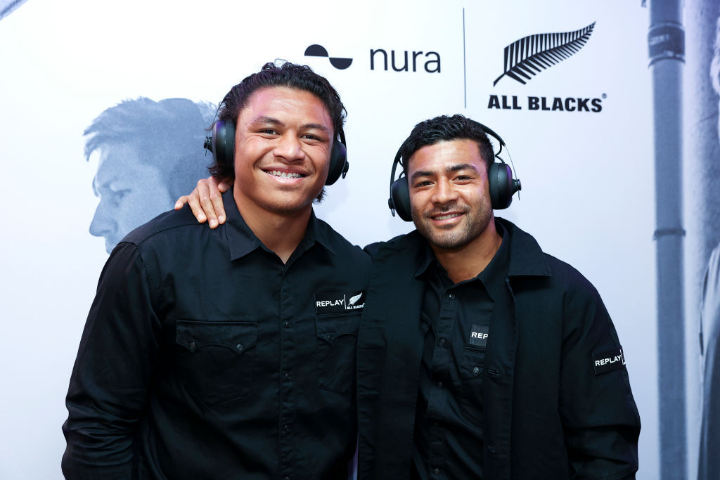 Caleb Clarke and Richie Mo'unga pose during a New Zealand Rugby and Nura partnership announcement at New Zealand Rugby House. Photo / Getty