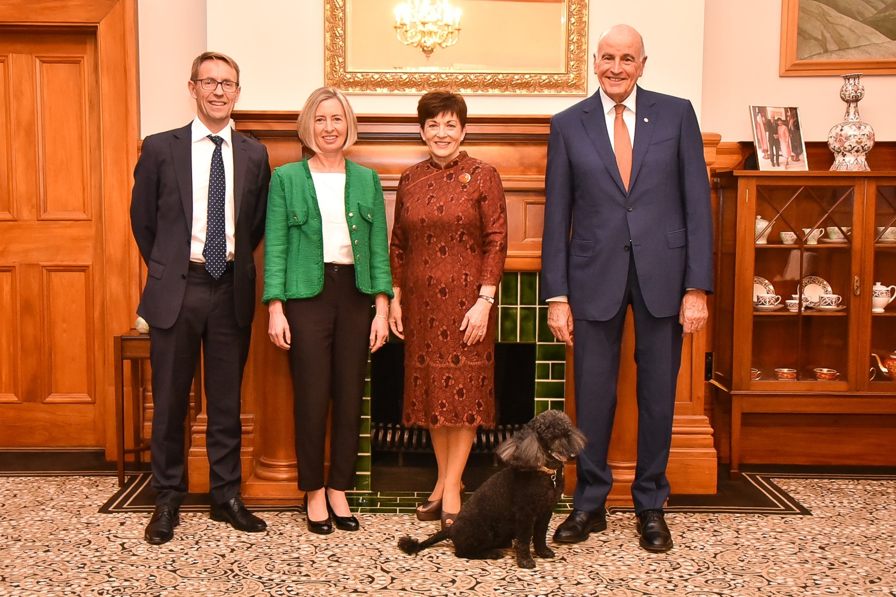 Sir Ashley Bloomfield and his wife Libby with Governor-General Dame Patsy Reddy and her husband Sir David Gascoigne and miniature poodle Coco.