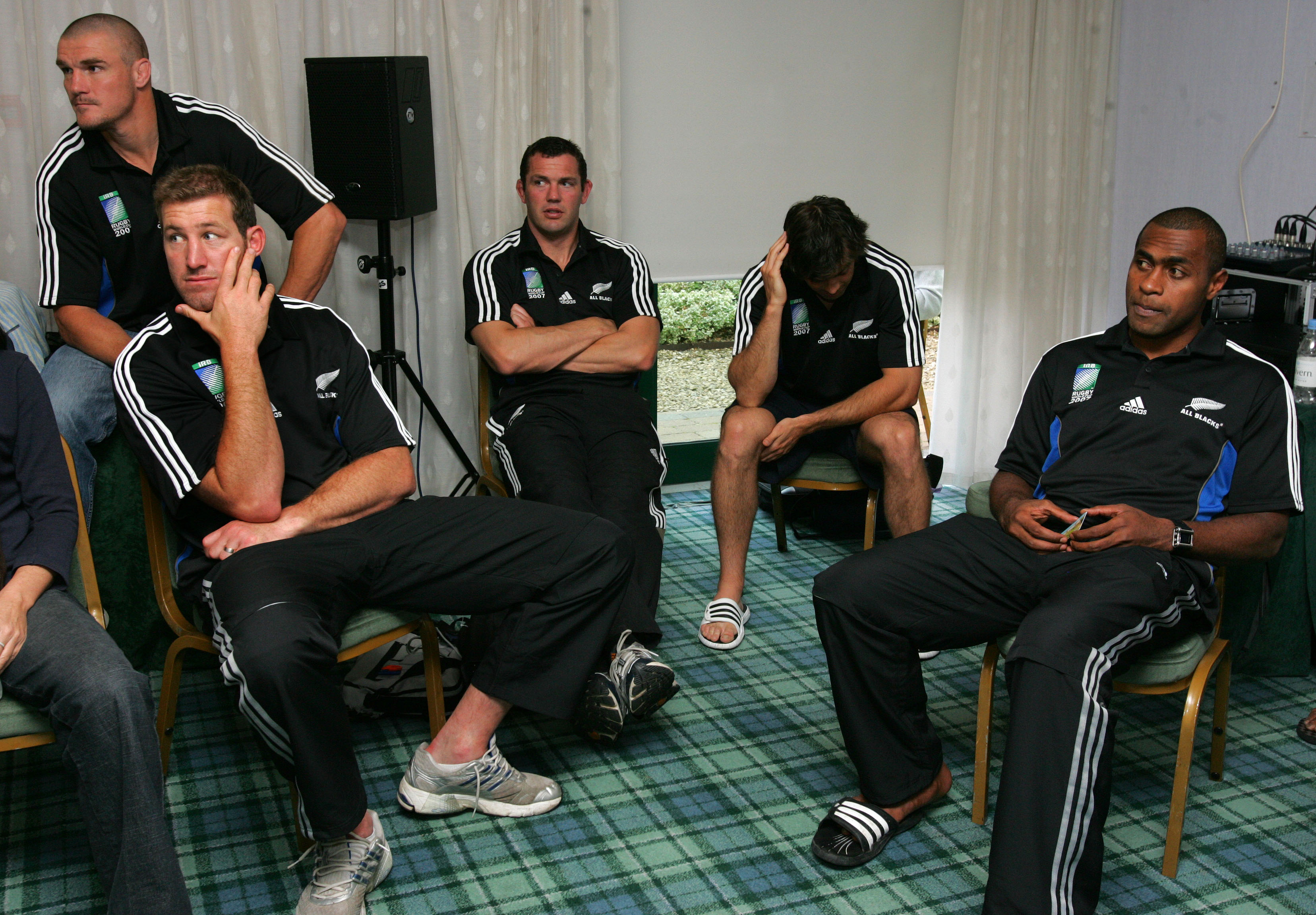 All Blacks Keith Robinson, Chris Jack, Reuben Thorne, Conrad Smith and Sitiveni Sivivatu sit during a media session, the day after the Cardiff loss. Photo / Brett Phibbs