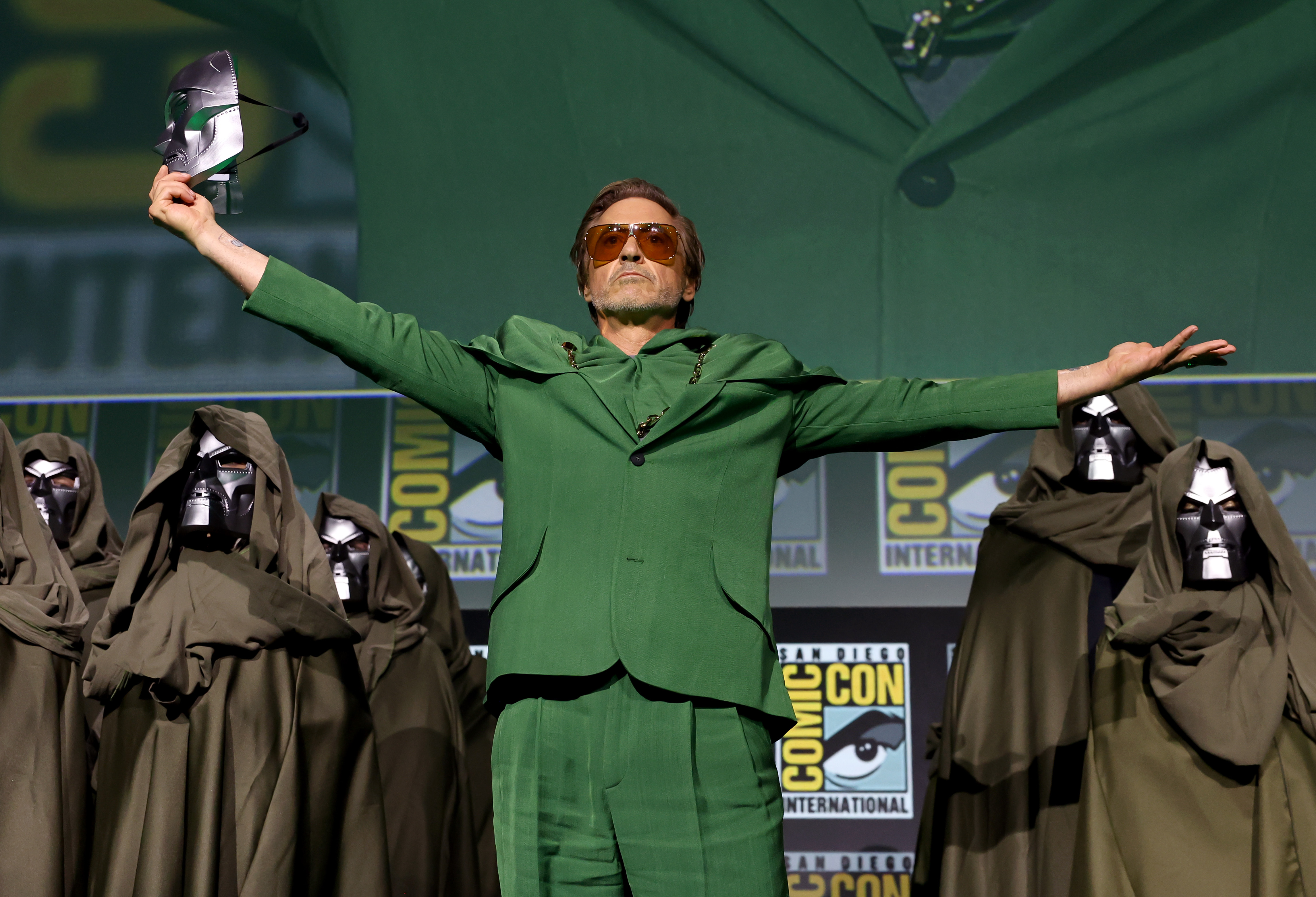 Robert Downey jnr announced his surprise return to Marvel at San Diego Comic-Con by revealing himself in his new role on stage. Photo / Getty Images