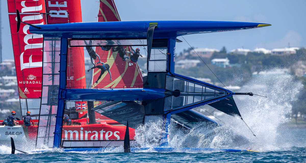 Crew members are seen falling as the USA SailGP Team capsizes. Photo / SailGP