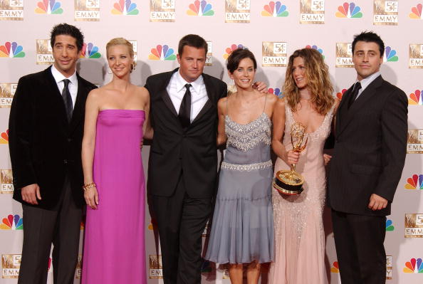 Actors David Schwimmer, Lisa Kudrow, Matthew Perry, Courteney Cox Arquette, Jennifer Aniston and Matt LeBlanc pose backstage during the 54th Annual Primetime Emmy Awards at the Shrine Auditorium on September 22, 2002 in Los Angeles. Photo / Getty Images