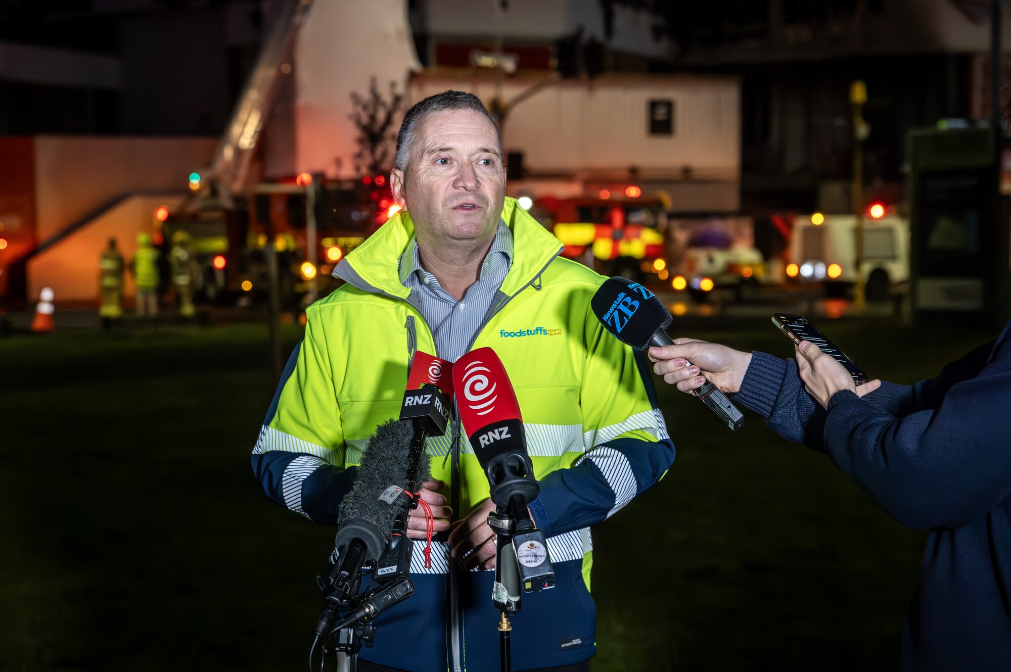 CEO of Foodstuffs North Island, Chris Quin, gives a situation update on the fire which destroyed Victoria Park New World. Photo / Mike Scott 