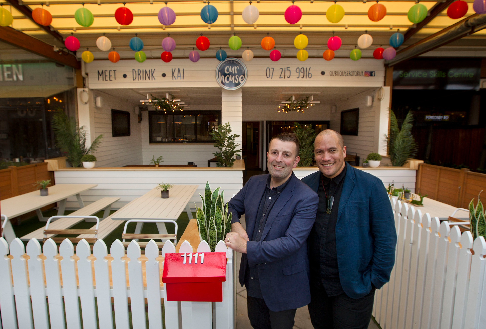 Tim Smith (left) and Tamati Coffey outside their bar Our House on Eat Streat, Rotorua. Photo / File