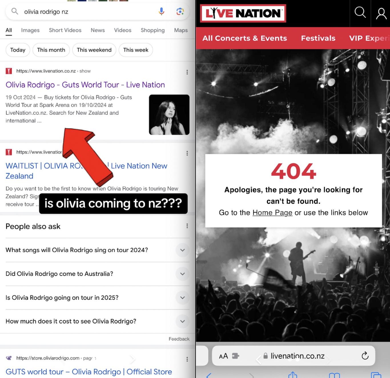 A Kiwi fan shared images on TikTok of Live Nation seemingly advertising an Olivia Rodrigo show in New Zealand this October. Photo / TikTok @sorvz
