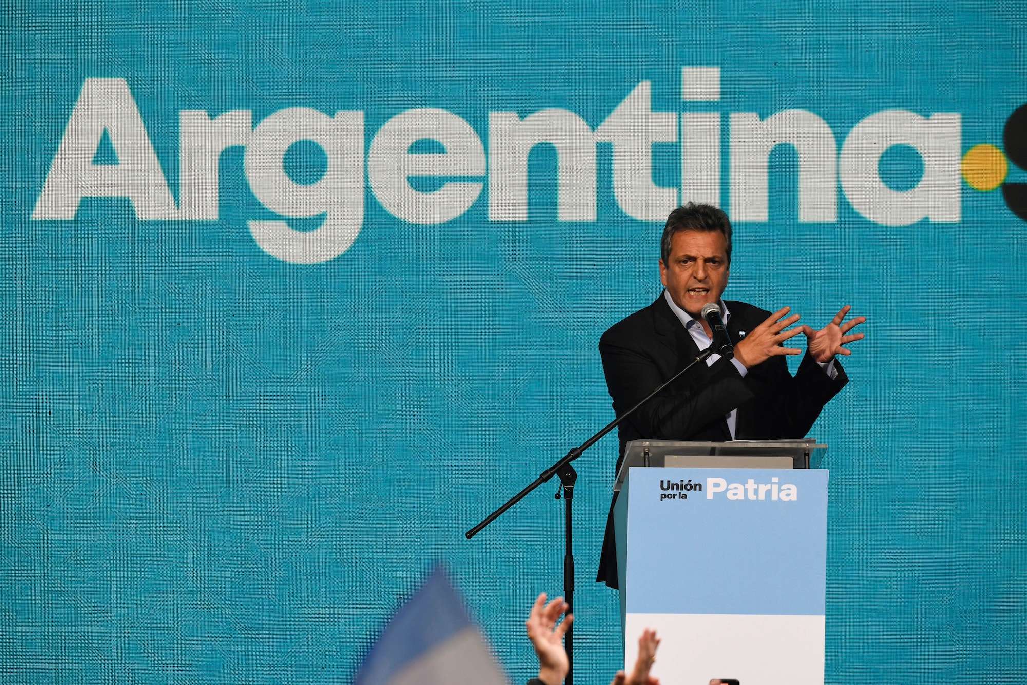 Sergio Massa, Economy Minister and presidential candidate for the ruling party, speaks to supporters at his campaign headquarters after general elections in Buenos Aires, Argentina. Photo / AP