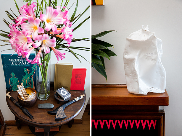 (From left) Courtney's published books and poems; Chewed milk bottle collaboration with Janet and her dog. Photos / Babiche Martens.