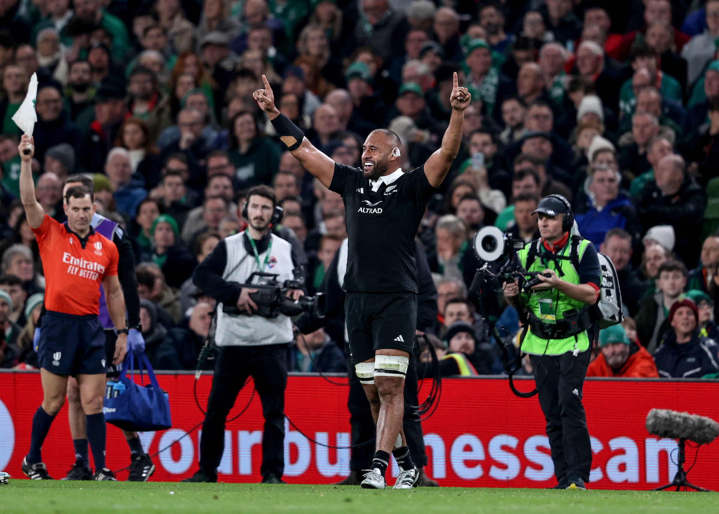 All Blacks lock Patrick Tuipulotu celebrates winning in Dublin. Photo / Photosport