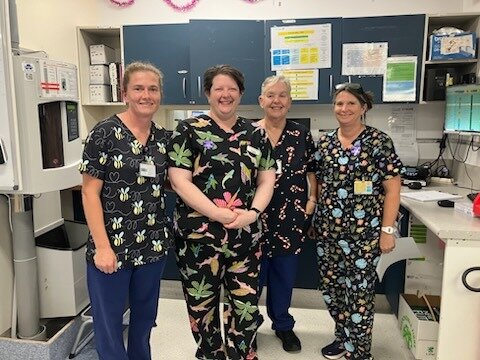 NZ Nurses Organisation members Monica Pilcher (left), Kylee Lal, Tina Stiffe and Rachel Thorn show off their bright colours as part of the uniform strike at Whangārei Hospital.