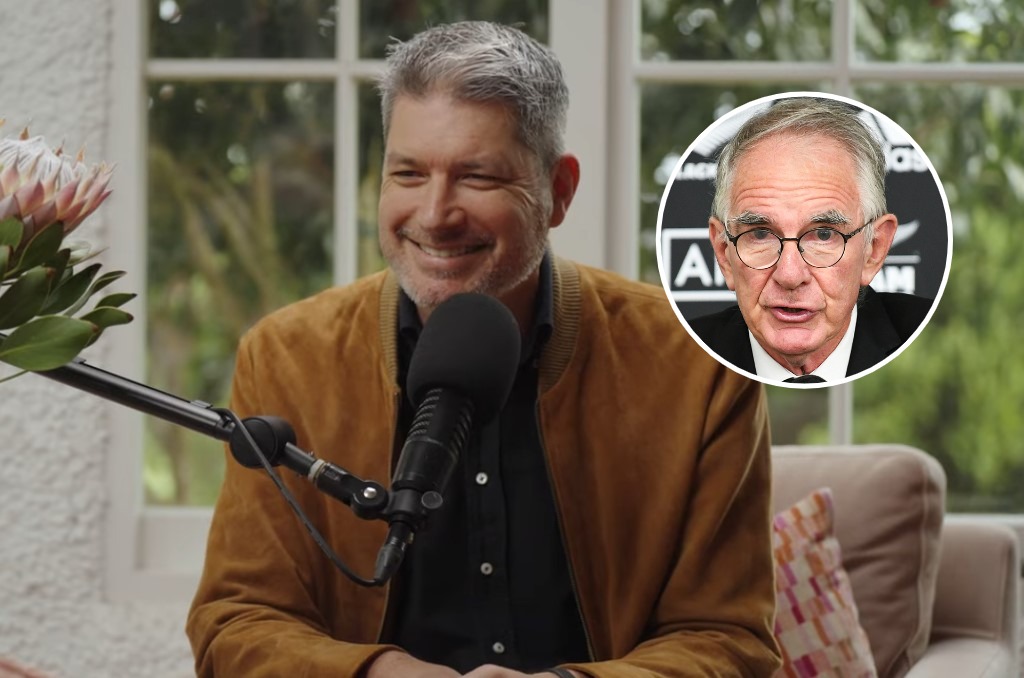RNZ Afternoons host Jesse Mulligan - one of the broadcaster's biggest talents - and (inset) RNZ's new chair Brent Impey. Photos / Grey Areas podcast screengrab, Photosport