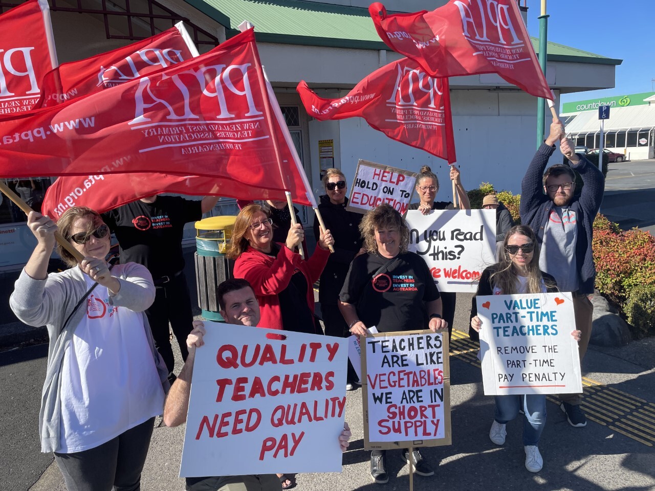 A group of secondary teachers picketing outside Jan Tinetti's office. Photo / Emma Houpt