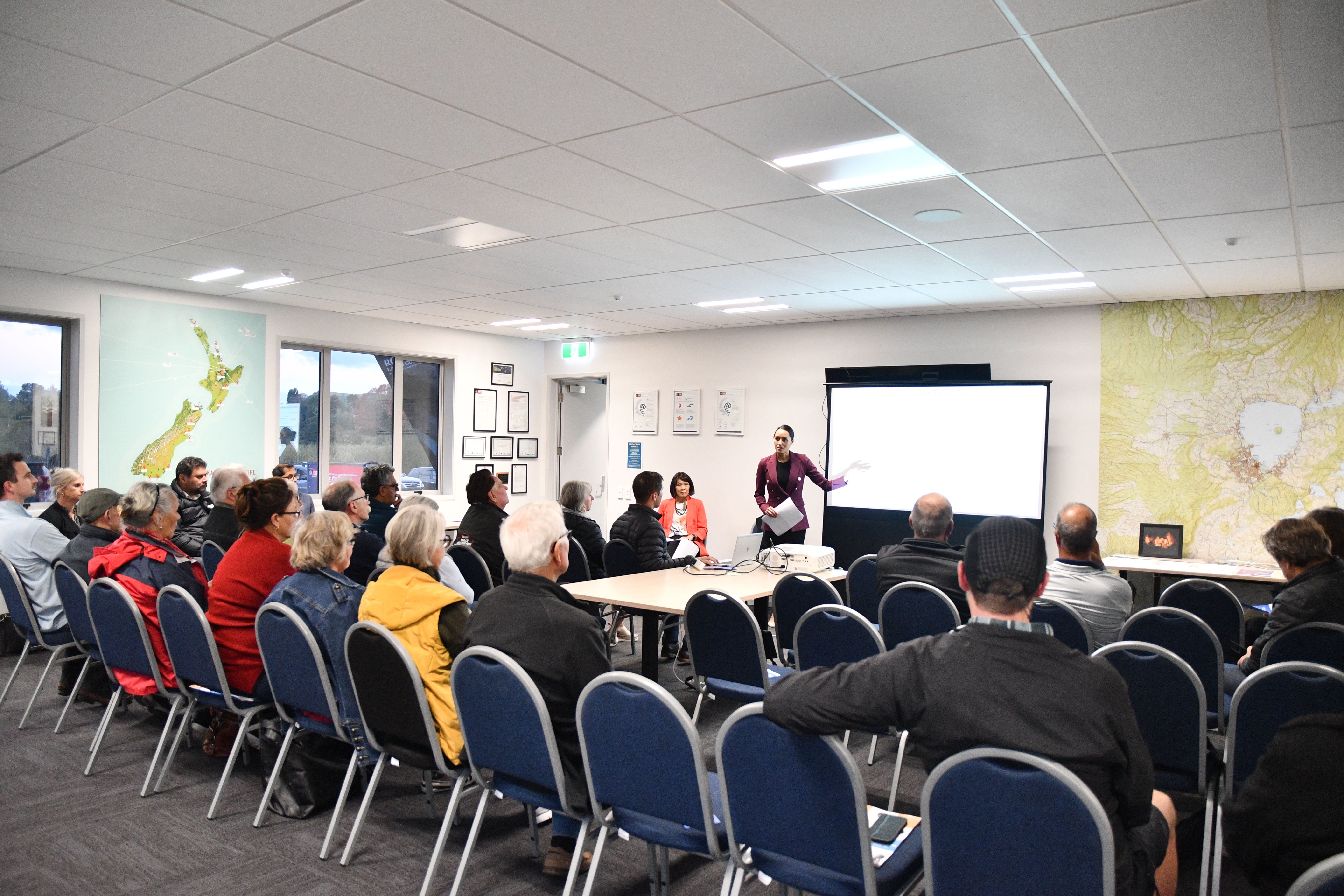 Rotorua mayor Tania Tapsell speaks at the Lake Ōkāreka fire station. Photo / Laura Smith