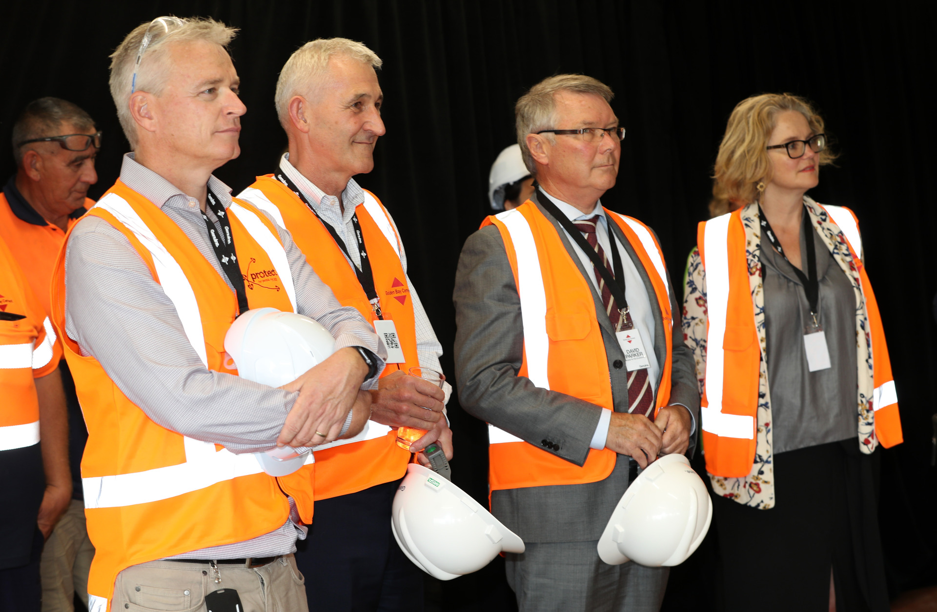 Christian May General Manager - Corporate Affairs Fletcher Building, Ross Taylor, Fletcher's CEO and David Parker Minister for the Environment and Whangārei MP Emily Henderson at Golden Bay Cement