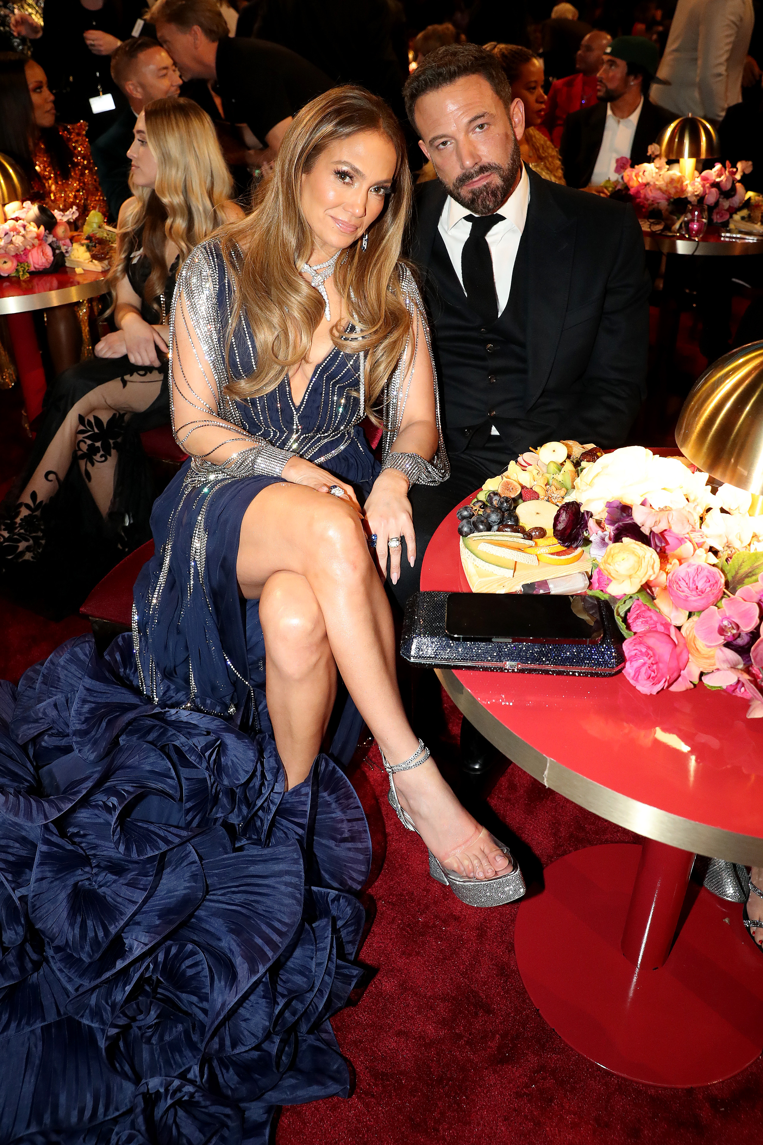 Jennifer Lopez and Ben Affleck pose during the 65th Grammy Awards. Photo / Getty Images