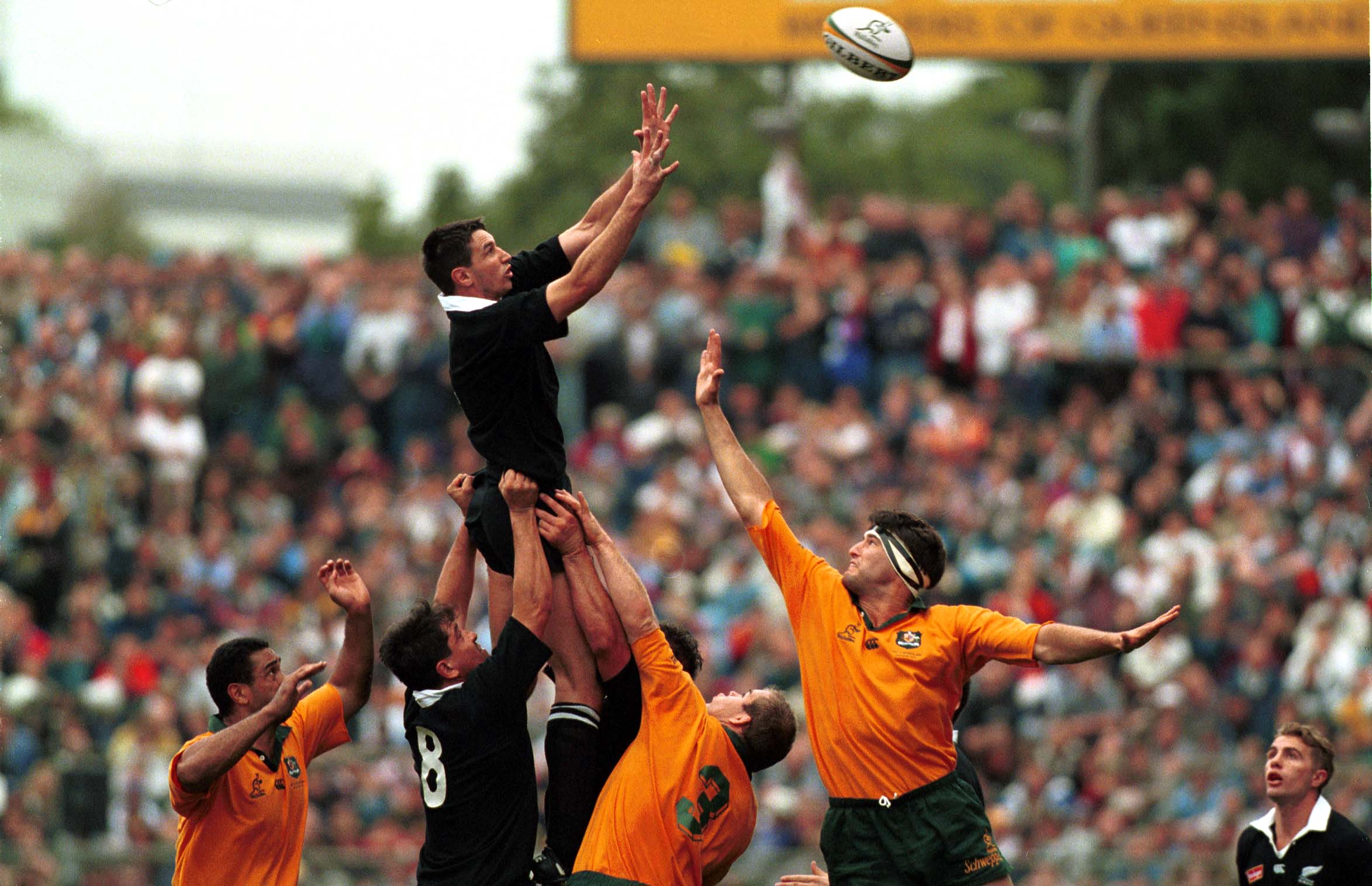 Ian Jones in the lineout against the Wallabies at Suncorp Stadium in Brisbane, 1996. Photo / Photosport