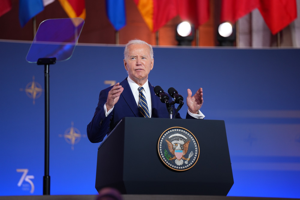 US President Joe Biden addresses delegates attending the Nato summit in Washington earlier this week. 