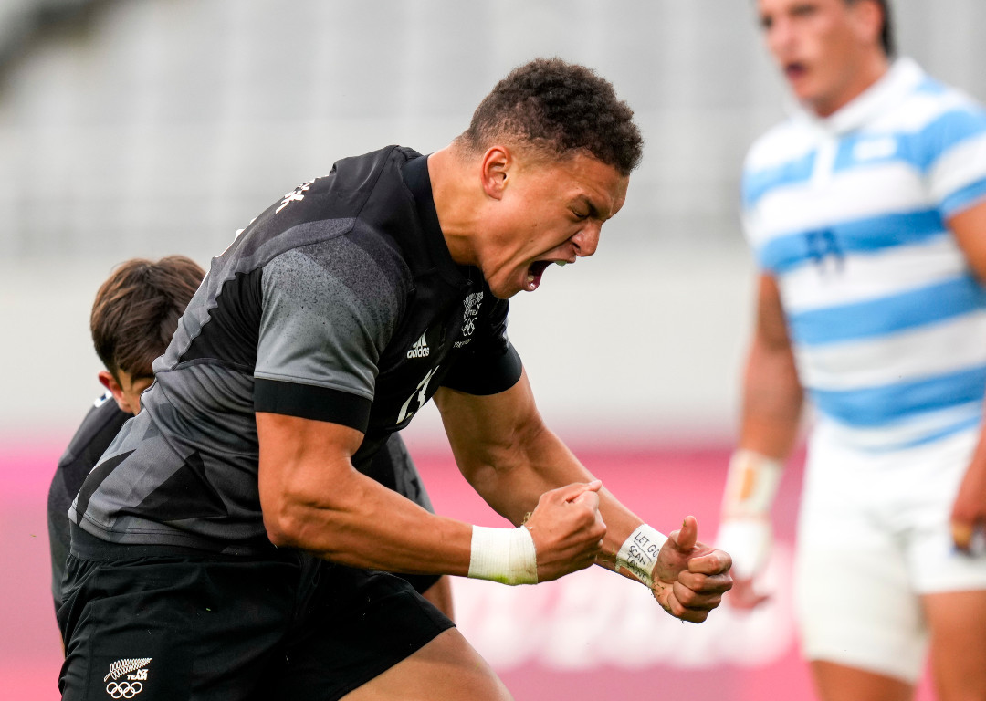 William Warbrick celebrates a try at the Tokyo Olympics. Photo / Photosport