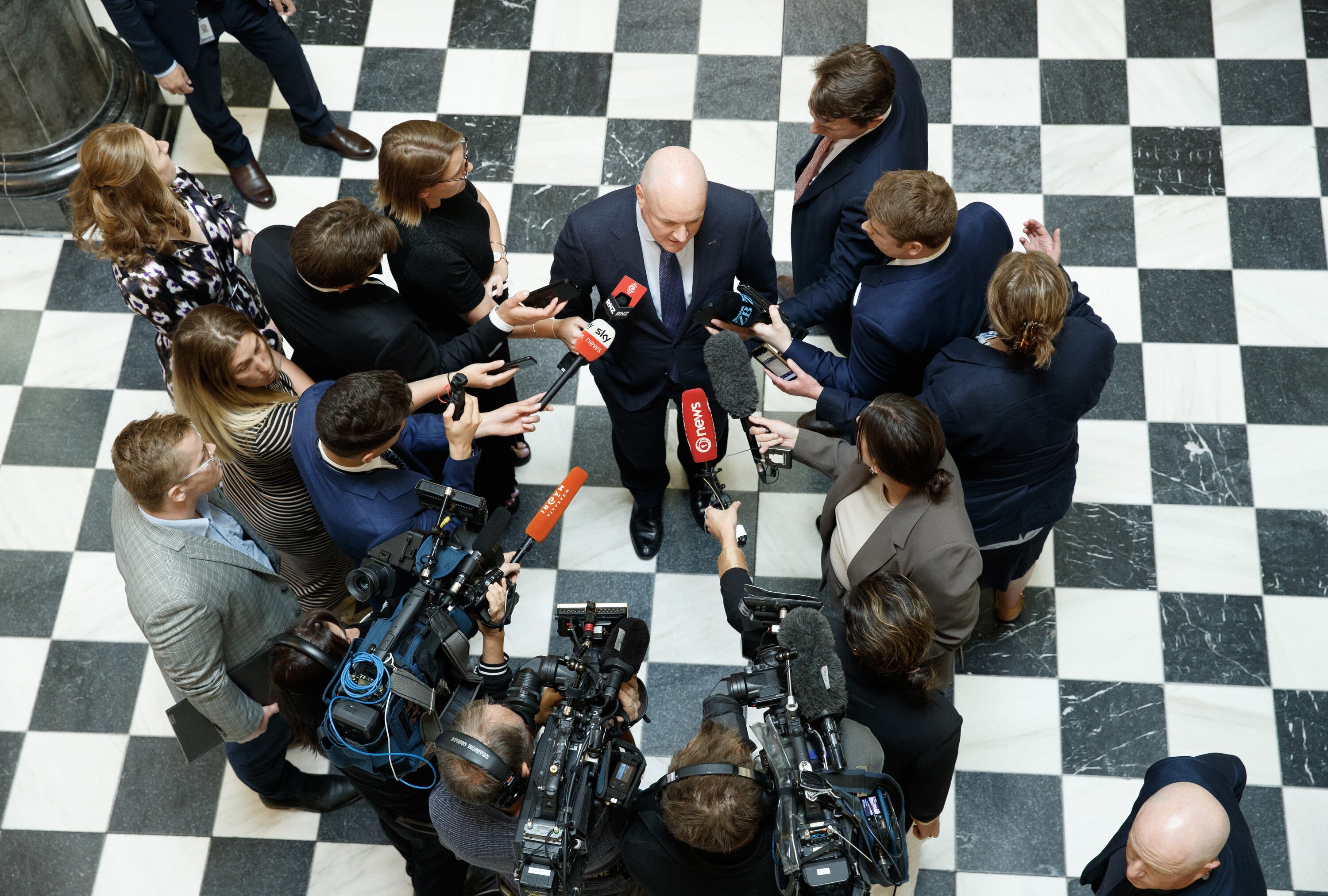 Prime Minister Christopher Luxon addresses reporters at Parliament. Trust in the news media is showing signs of stabilisation after years of decline. Photo / Mark Mitchell