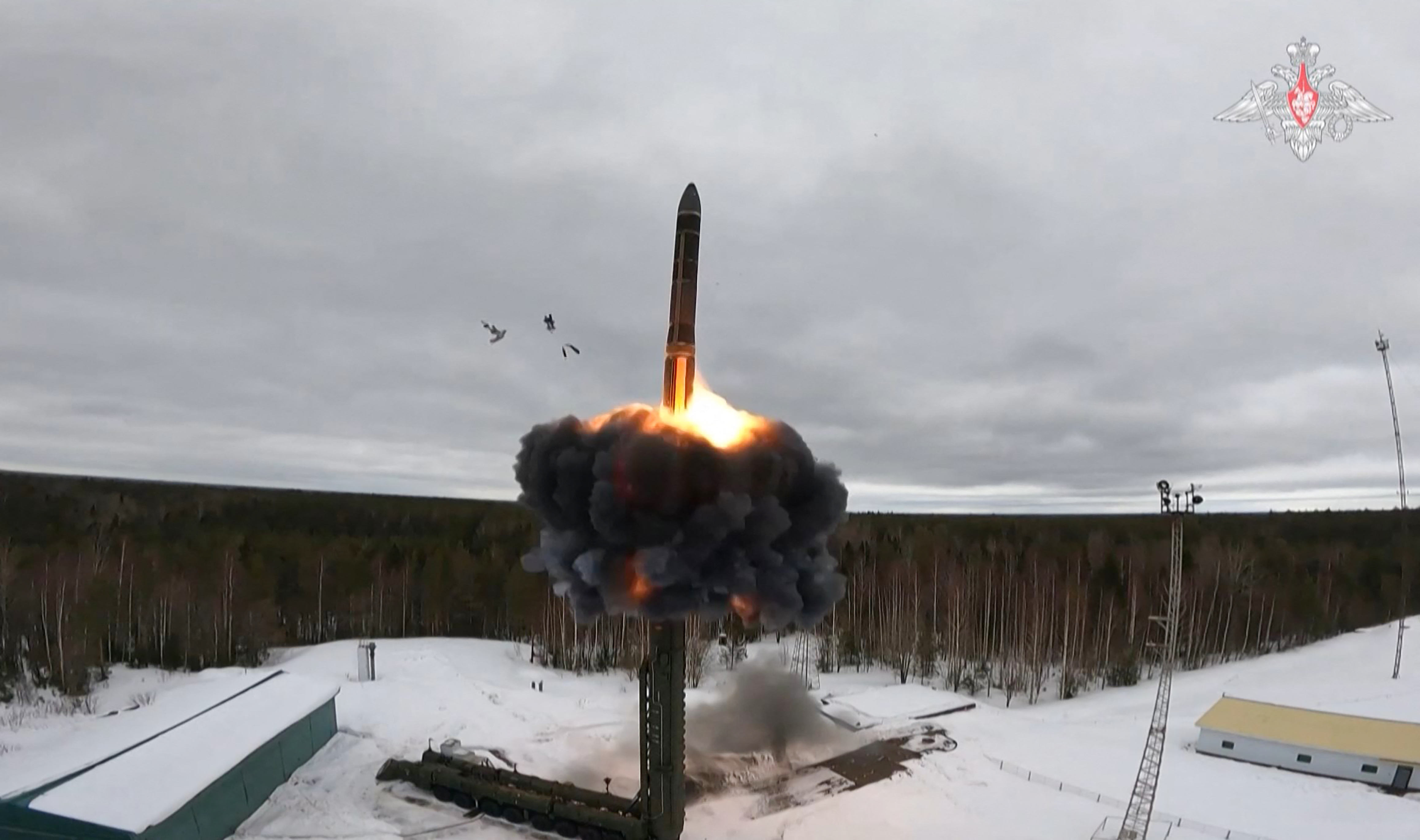 A grab taken from handout footage released in March shows the test firing of an ICBM belonging to Russia's nuclear deterrence forces. Photo / Russian Defence Ministry via AFP
