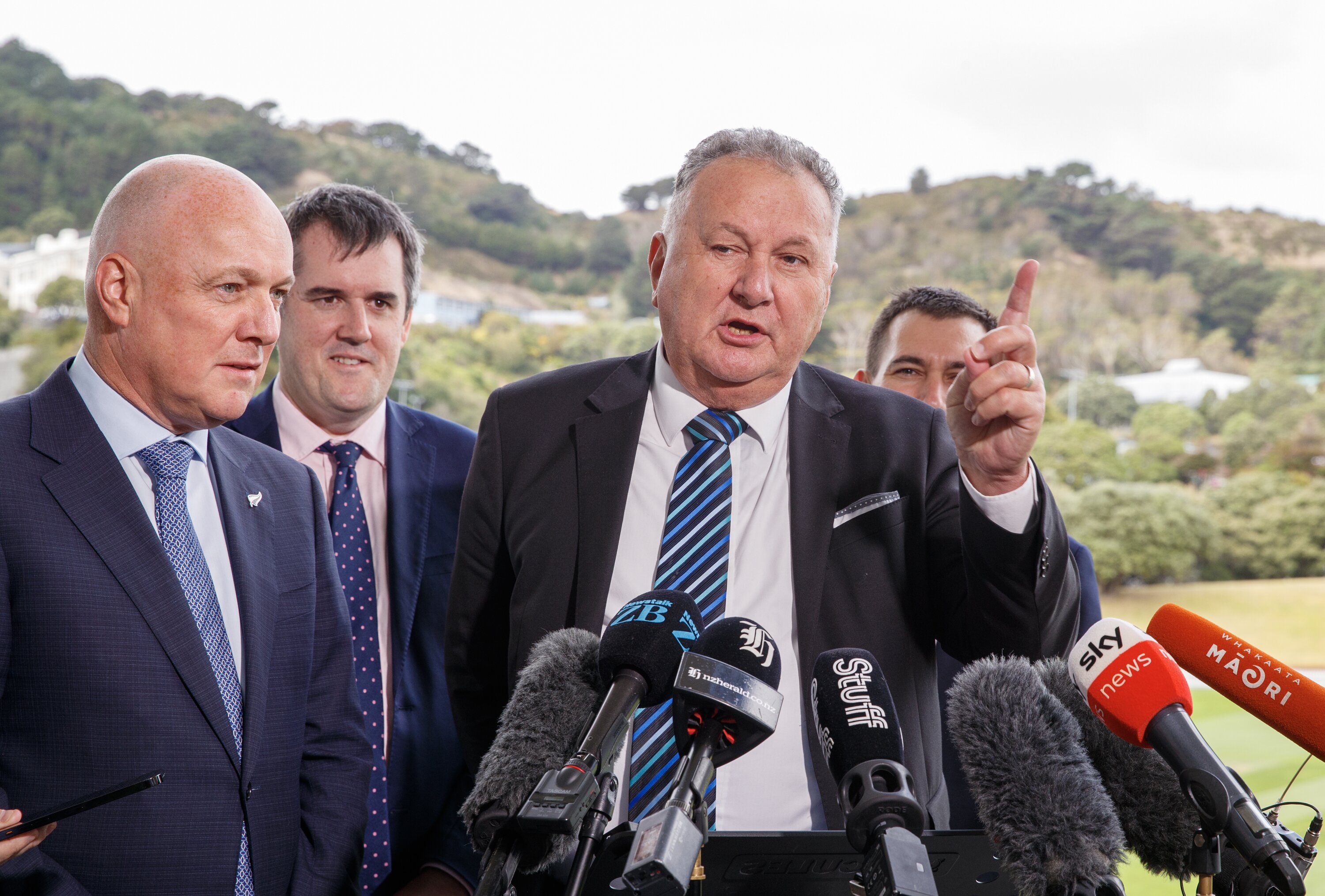 Prime Minister Christopher Luxon, RMA Reform Minister Chris Bishop, Regional Development Minister Shane Jones and Transport Minister Simeon Brown arriving announcing the Government's Fast-Track Consenting one-stop-shop regime at the Bason Reserve. Photo / Mark Mitchell