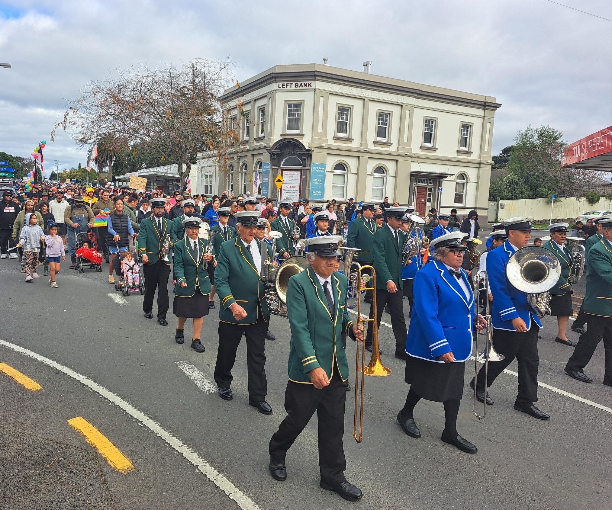 Kaikohe-based brass band Piri Wiri Tua and brass band Omeka, from Mangakahia, played during the hīkoi. Photo / Jenny Ling