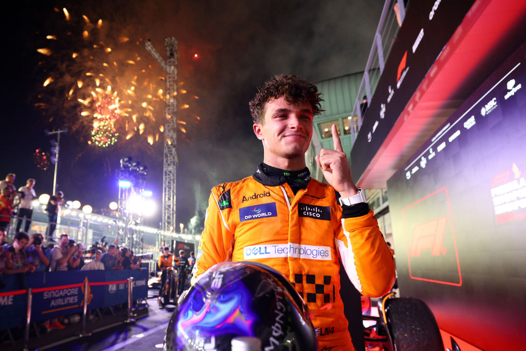 Race winner Lando Norris  celebrates in parc ferme during the F1 Grand Prix of Singapore at Marina Bay Street Circuit. Photo / Getty Images