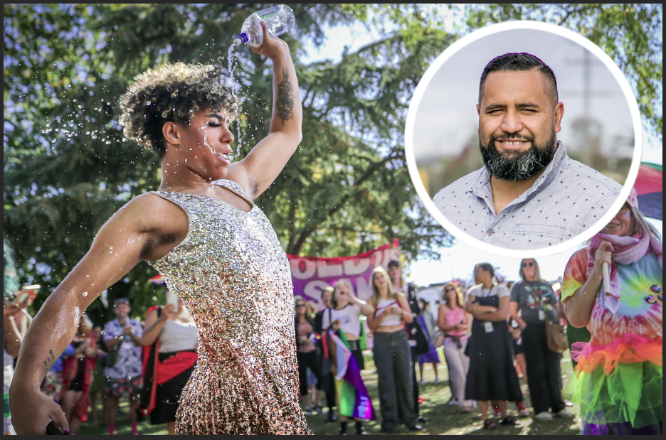 Destiny Church pastor and council hopeful Michael Ngahuka (inset), said he had nothing against the rainbow community, who protested in solidarity outside the Hastings Library on Wednesday, but questioned its stance on the Rainbow Storytime events. Photos / Paul Taylor