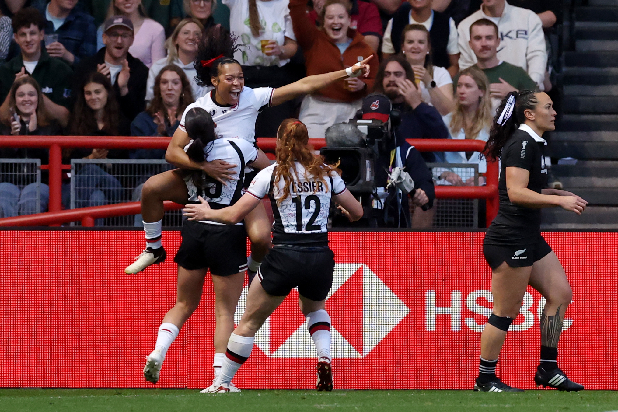 Asia Hogan-Rochester of Canada celebrates after scoring her team's second try during the Women's Rugby World Cup 2025 semifinal against the Black Ferns. Photo / Getty Images