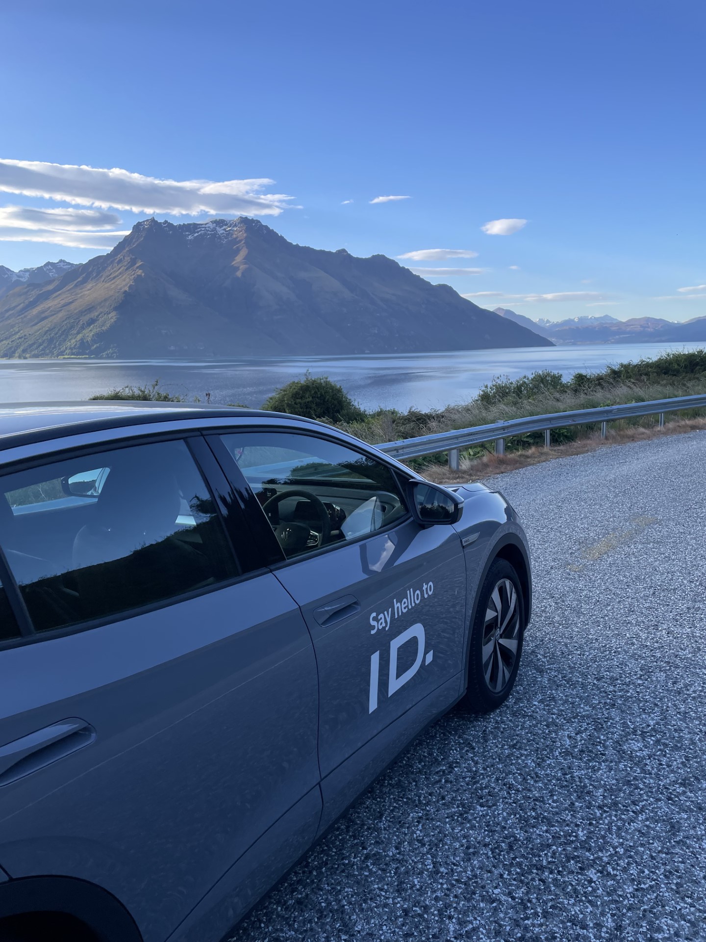 The ID.5 parked up at one of the many photo-stop spots on the shores of Lake Wakatipu, between Kingston and Queenstown.