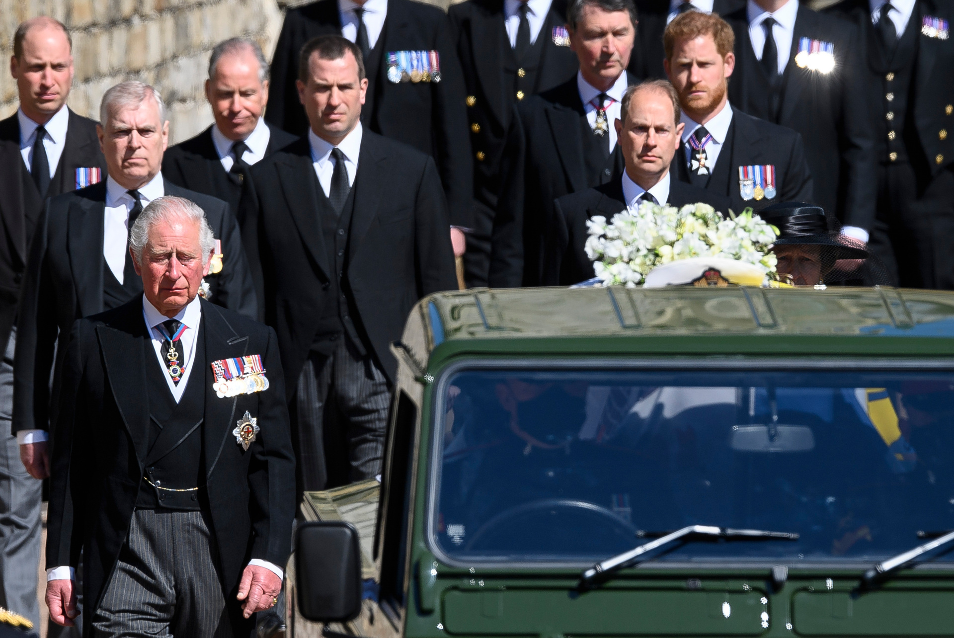 Prince Charles leads the royals at Philip's funeral. Photo / AP