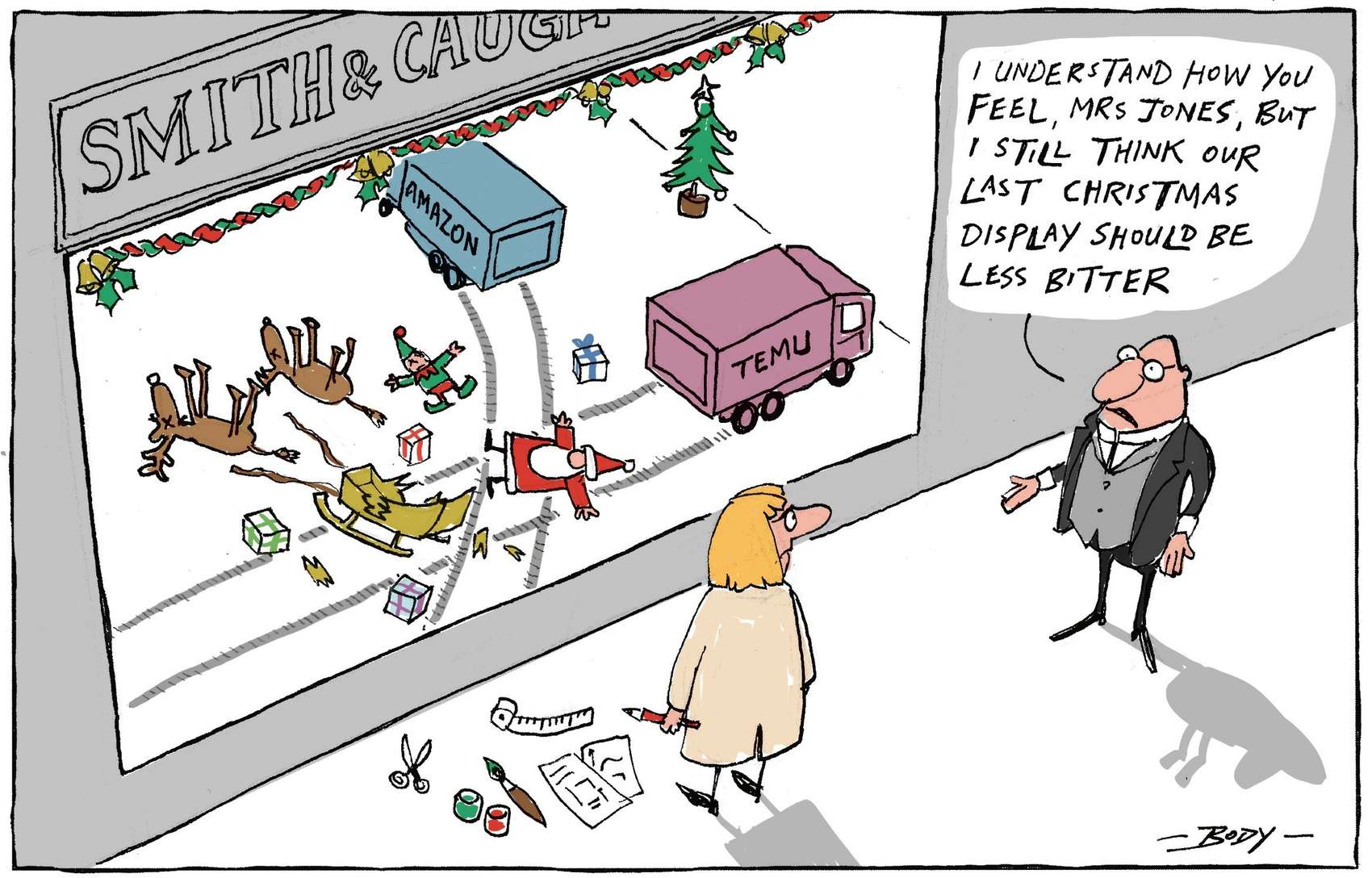 Herald cartoon from June 2024, when Smith & Caughey first announced it was likely to close. Cartoon / Guy Body