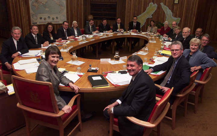 The Labour-Alliance coalition Cabinet, pictured after the 1999 election, with Helen Clark (front) as Prime Minister and Jim Anderton (to her right) as Deputy Prime Minister.