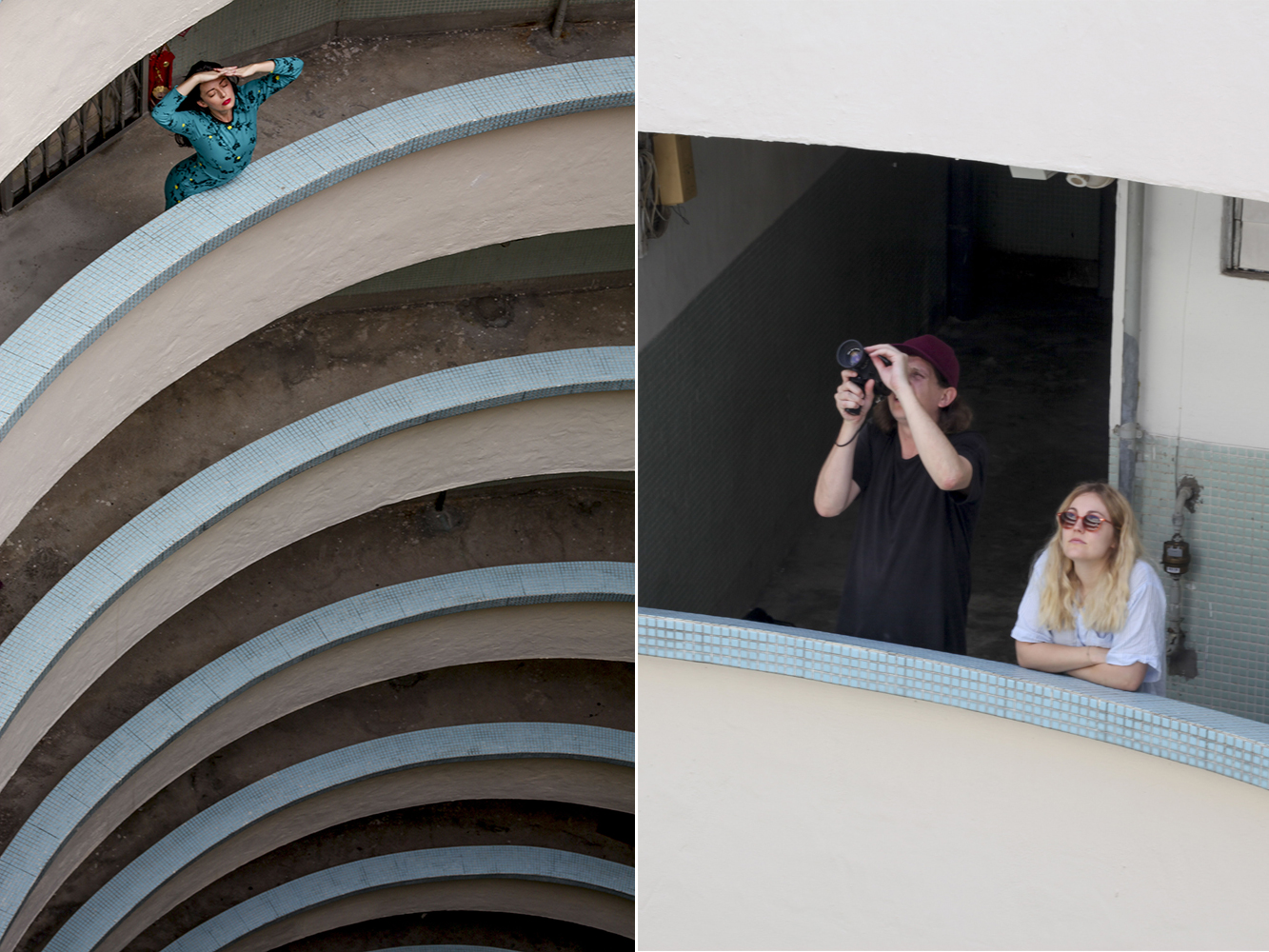 Joe and Sophie shooting in Lai Tak Tsuen building. Pictures / Supplied