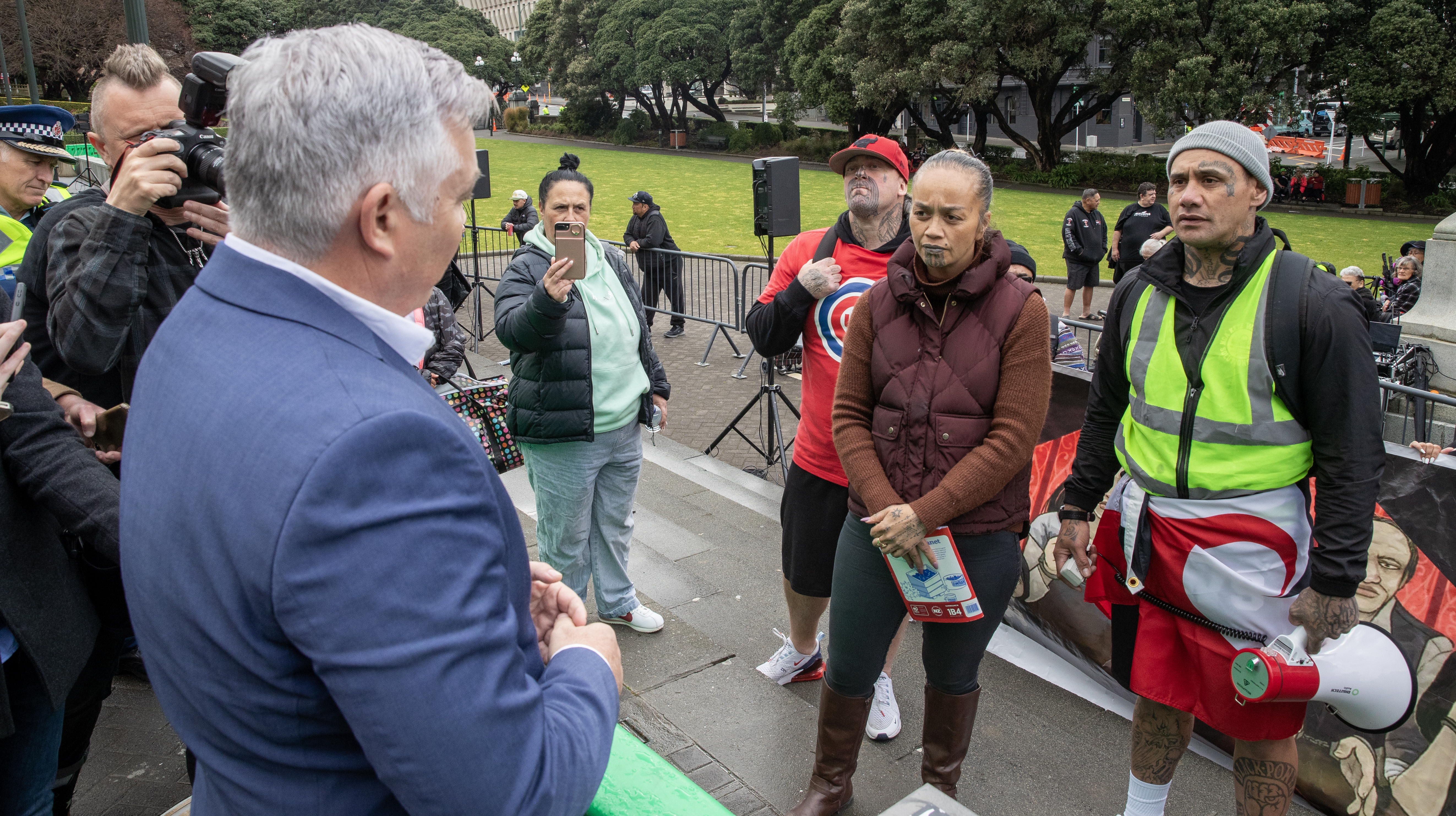 Mark Mitchell meets gang whānau hikoi representatives Matilda Kahotea and Taniora Tamihana (left) at Parliament. Photo / Mark Mitchell