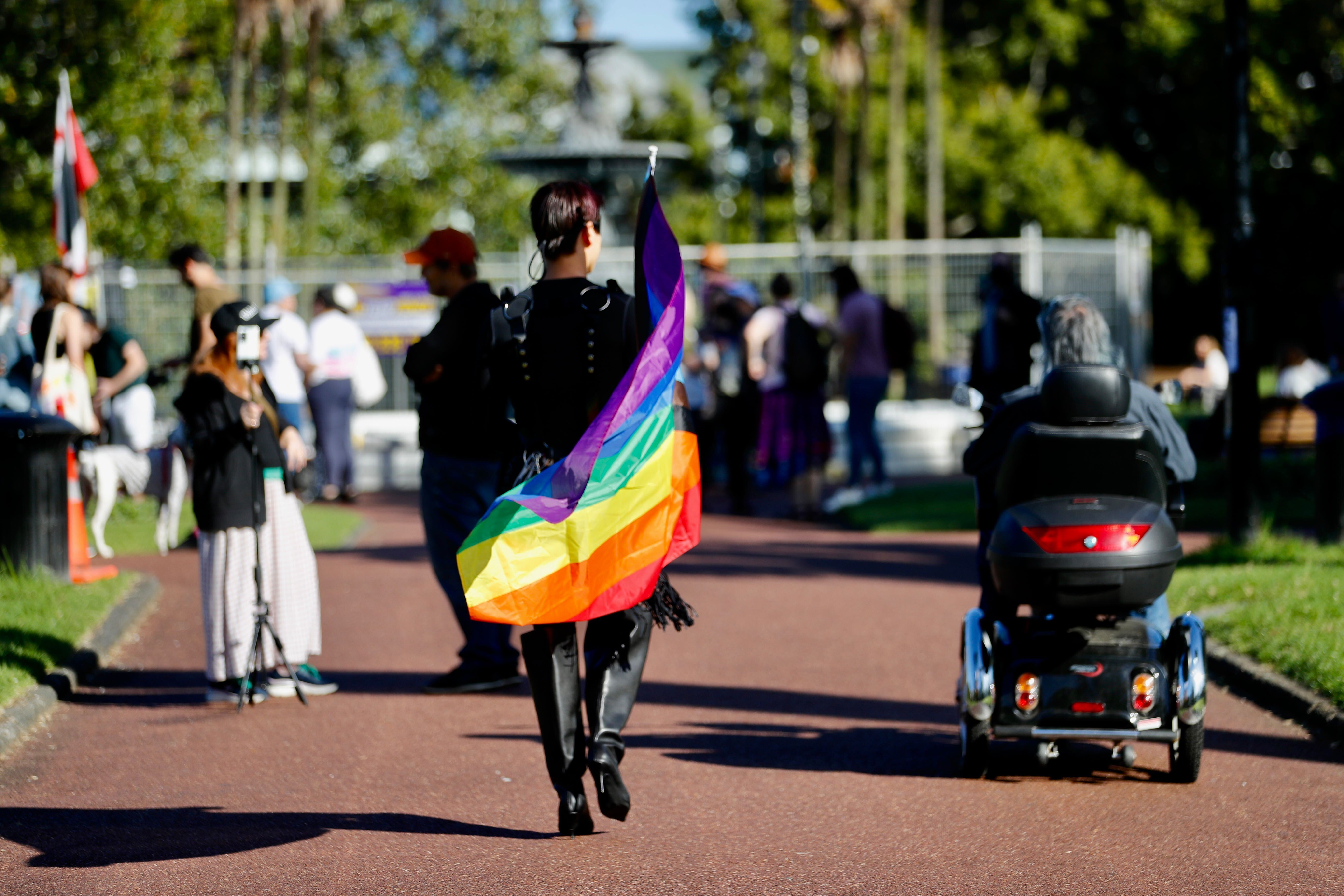 Anti protest members arriving in Albert Park, Auckland. Photo / Dean Purcell