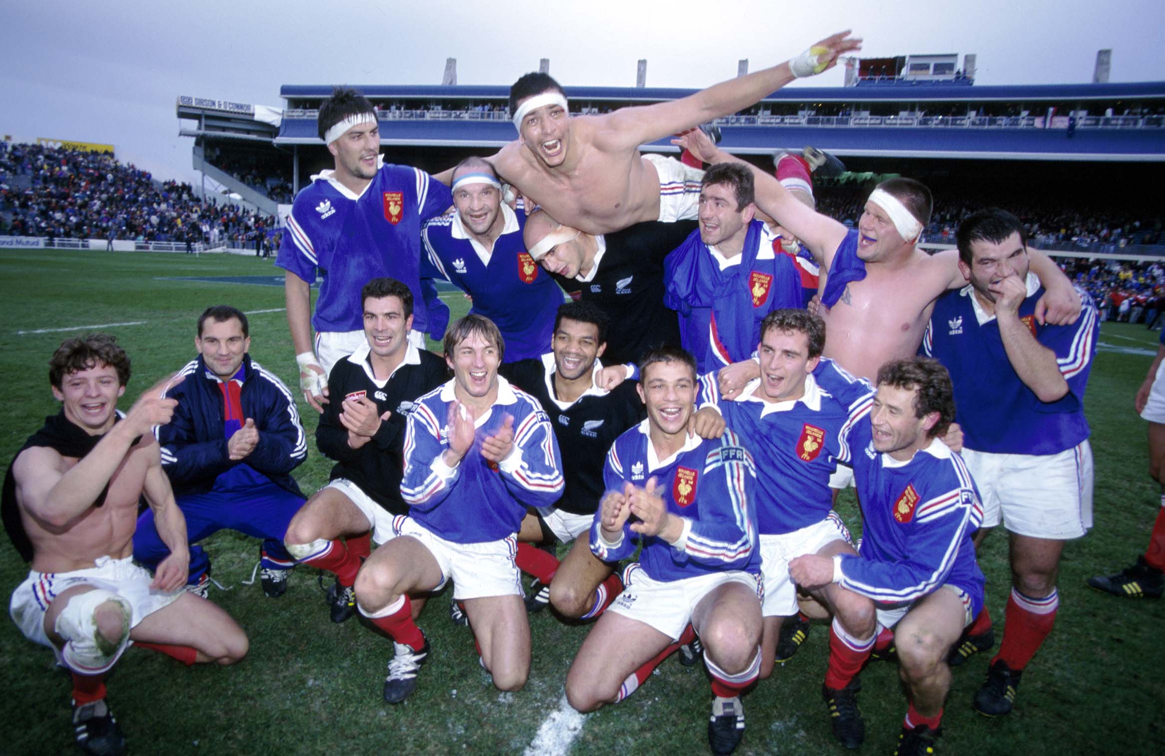 French players celebrate their win over New Zealand at Eden Park in 1994 – the last time the All Blacks lost there. Photo / Photosport