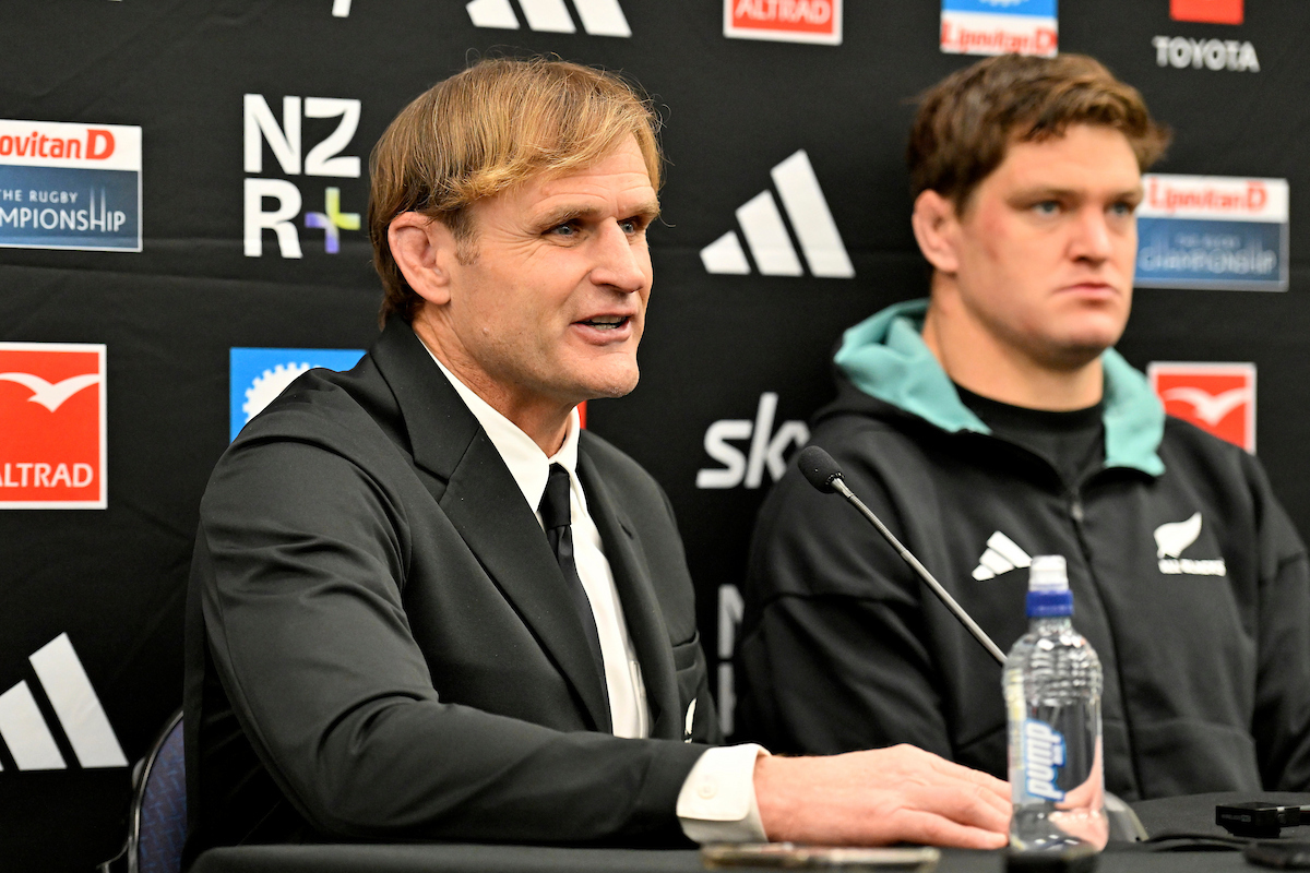 Scott Robertson and Scott Barrett front media after the All Blacks' record defeat to South Africa. Photo / Photosport