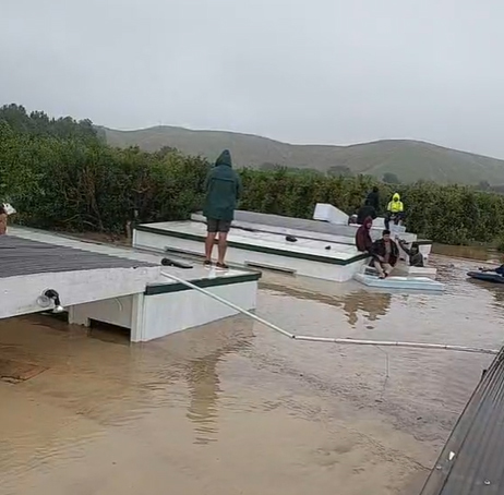 Workers at a farm near Hastings take shelter from floodwaters on the roofs of the farm buildings amidst Cyclone Gabrielle. Photo / Supplied