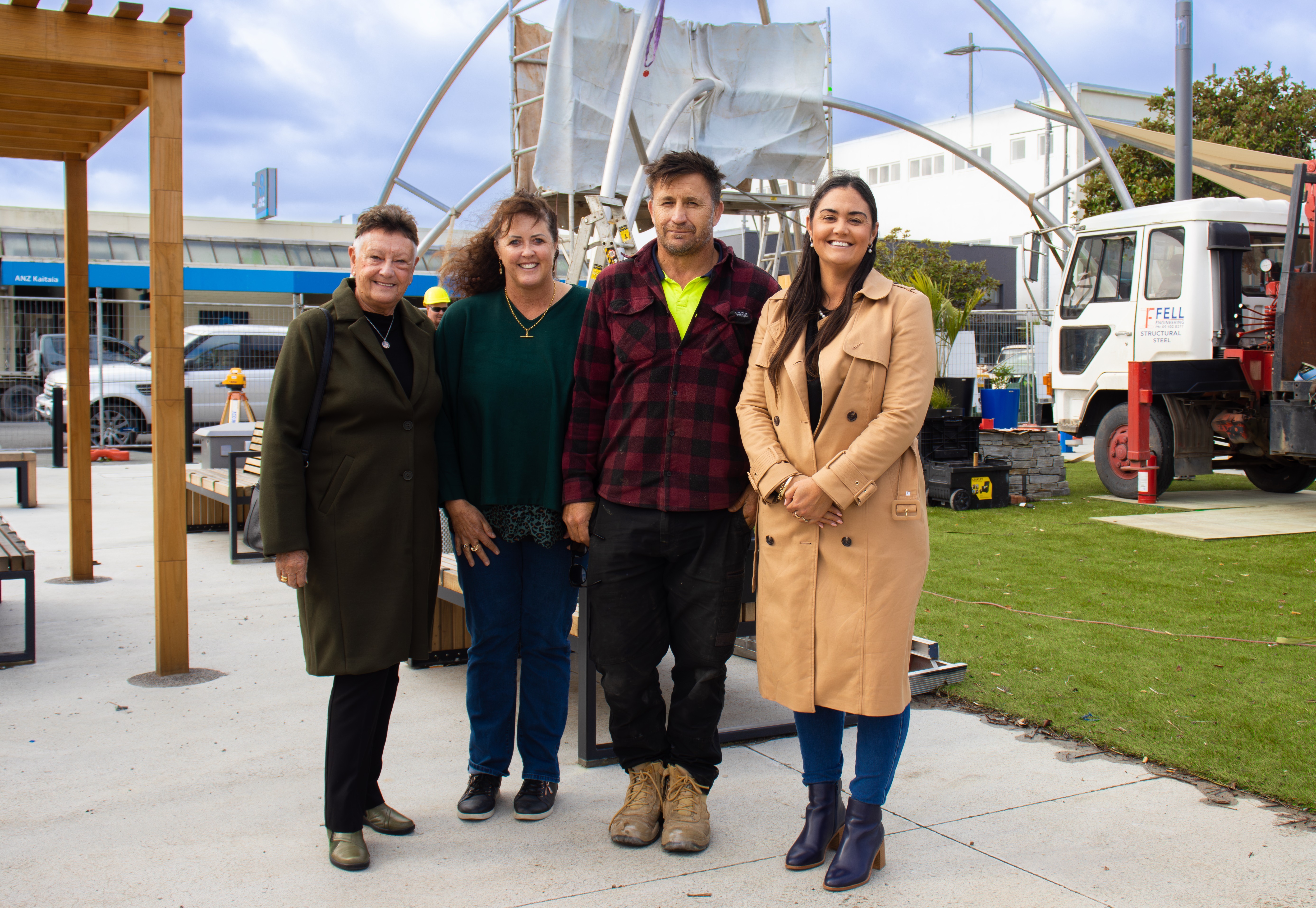 Adele Gardner (Te Hiku Community Board), Andrea Panther (project manager, Hoskin Civil), Dan Hogg (OS Construction, main contractor for Town Square) and Felicity Foy, councillor FNDC at the new Kaitāia Town Square.