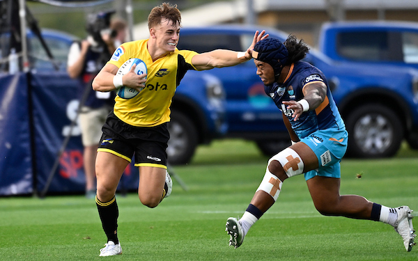 Ruben Love takes on Moana Pasifika in Super Rugby Pacific last month. Photo / Photosport