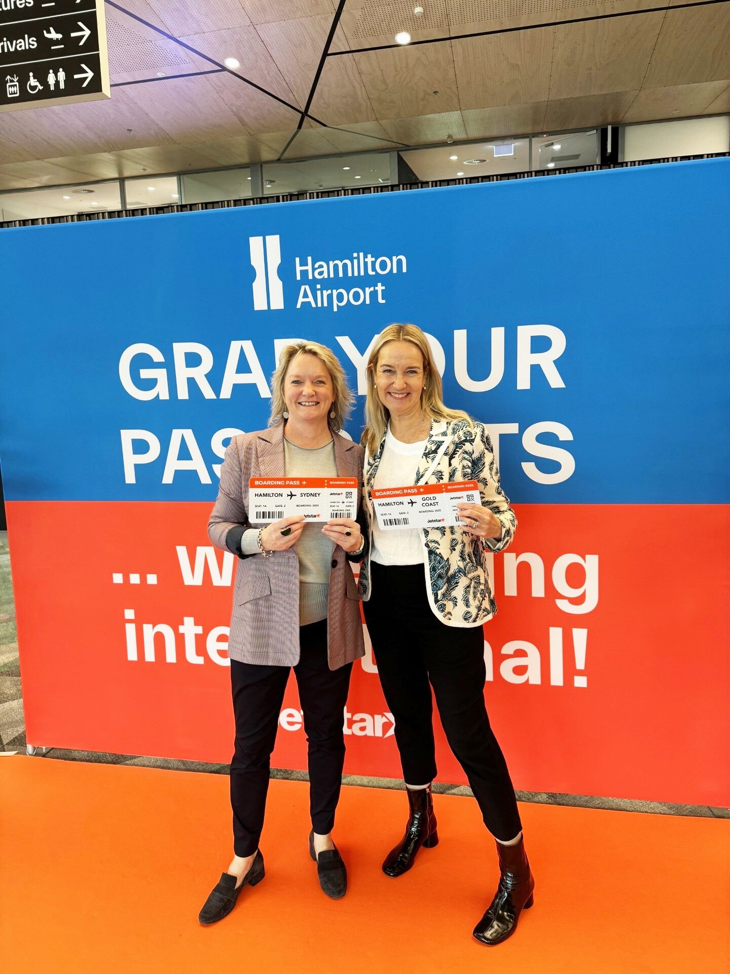 Waipā District mayor Susan O'Regan (right) and chief executive Steph O'Sullivan at the launch of Jetstar's transtasman flights at Hamilton Airport this morning. 