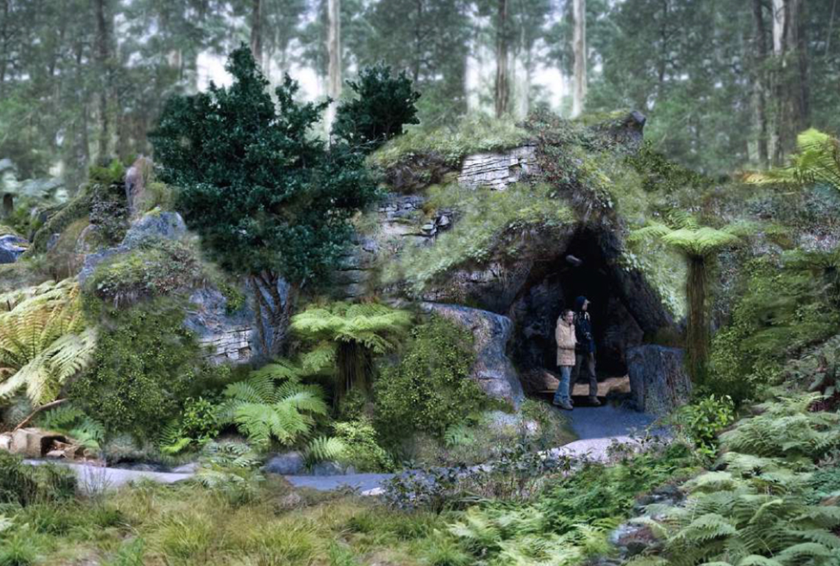 An artist's impression of what the glowworm cave entry would look like. Designers who worked on the Lord of the Rings films would blend the cave's entry and exits in with the landscape, the project proposal says.