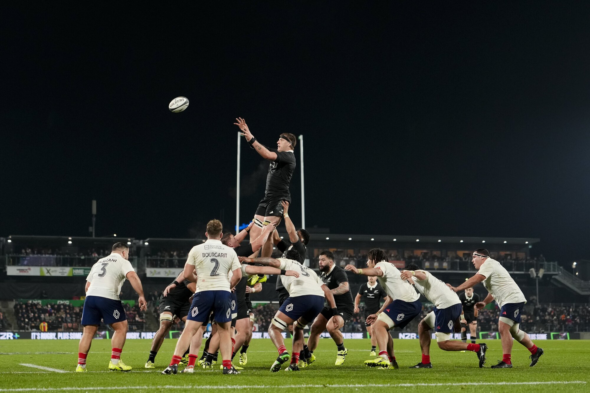 Fabian Holland wins clean lineout ball for the All Blacks against France. Photo / SmartFrame