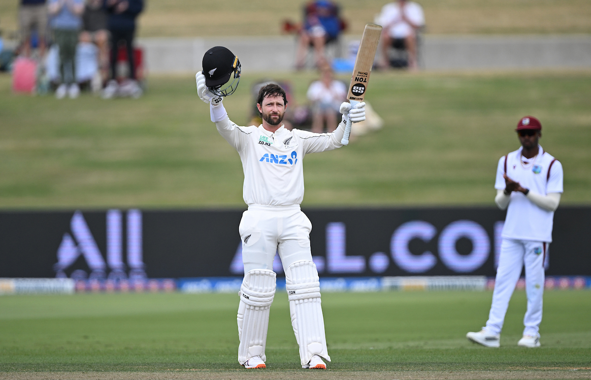 Devon Conway celebrates reaching 200 on day two of the third test between the Black Caps and the West Indies. Photo / Photosport