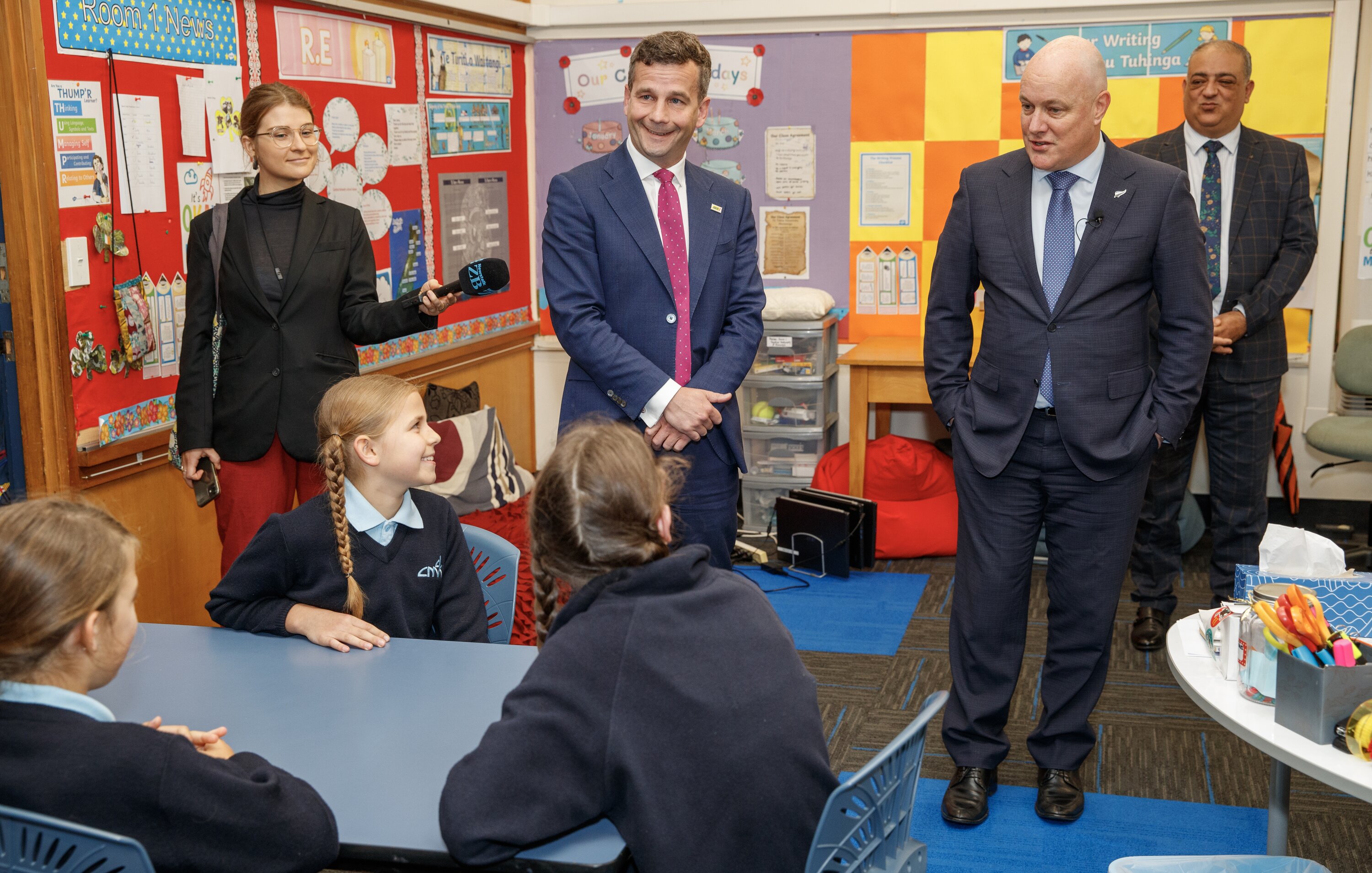 Prime Minister Christopher Luxon and Associate Education Minister David Seymour speaking to students during their visit to Cardinal McKeefry School in Wellington, before announcing the Government’s crackdown on truancy. Photo / Mark Mitchell  