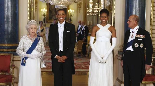 Former US President Barack Obama and first lady Michelle flanked by Queen Elizabeth II and Prince Philip, Duke of Edinburgh, in 2011. Photo / AP