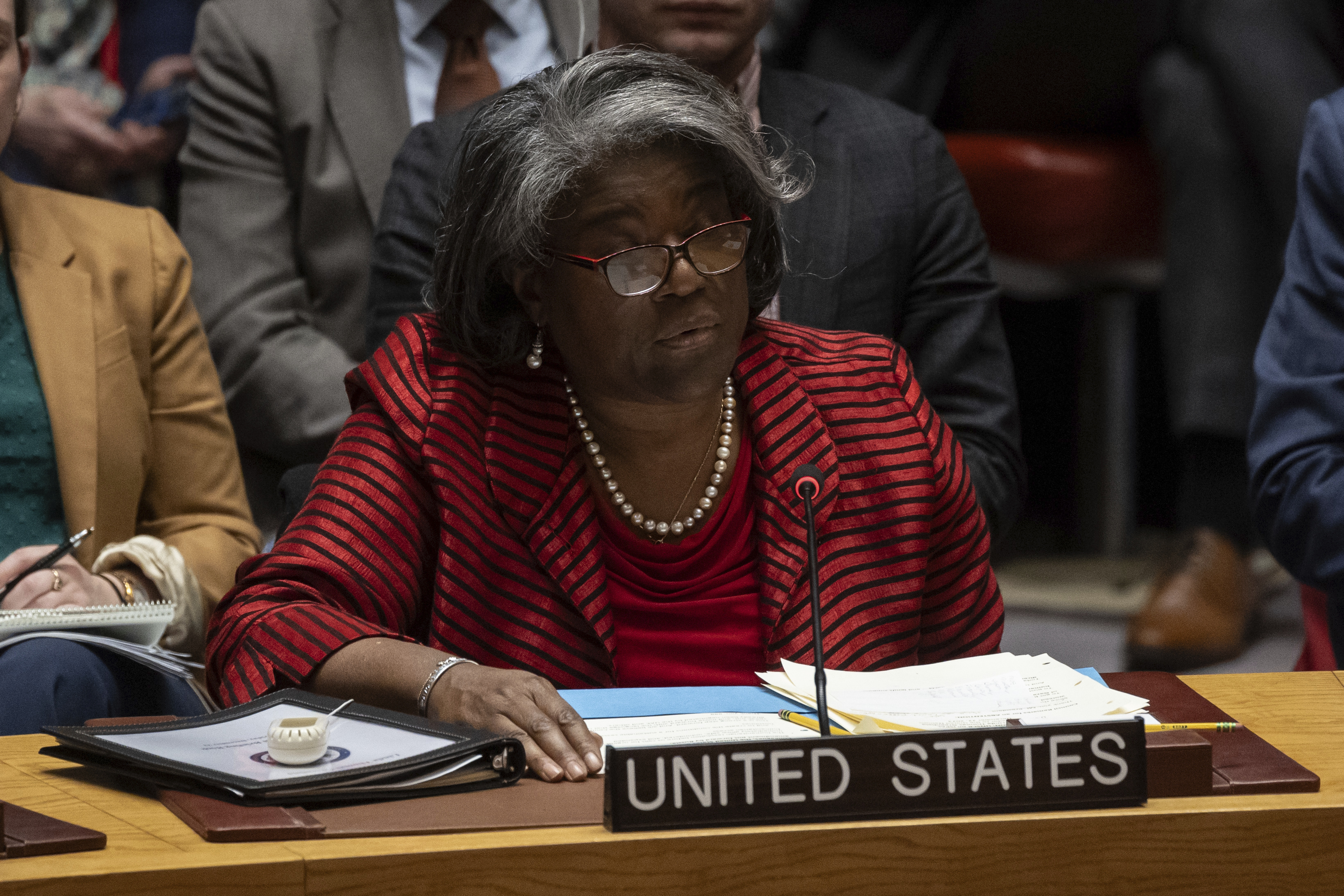 US Ambassador to the UN Linda Thomas-Greenfield speaks during the Security Council meeting at United Nations headquarters. Photo / Yuki Iwamura