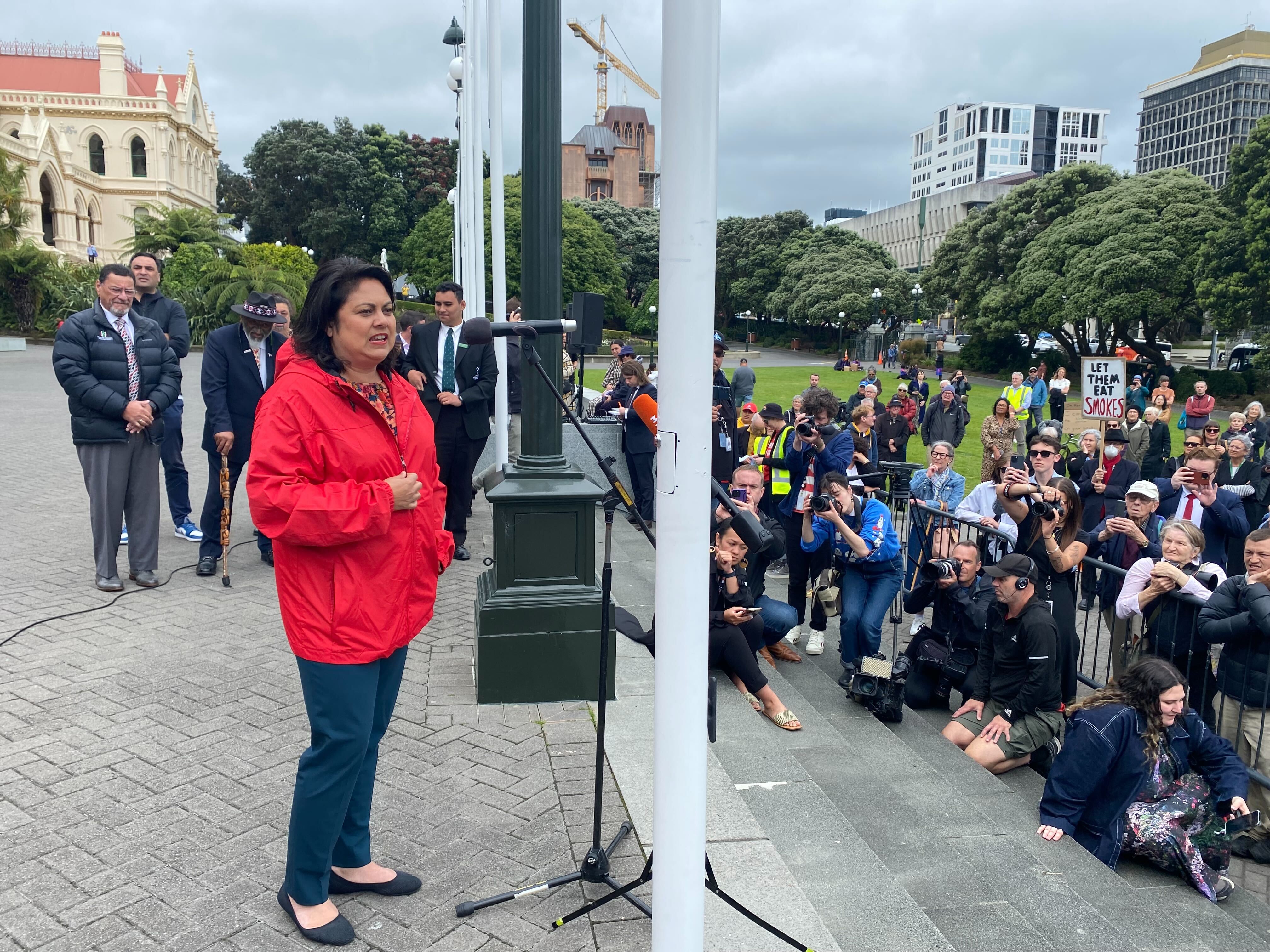 Ayesha Verrall, former health minister, speaks to the crowd of people protesting the Govt's move to repeal smokefree legislation. Photo / Azaria Howell