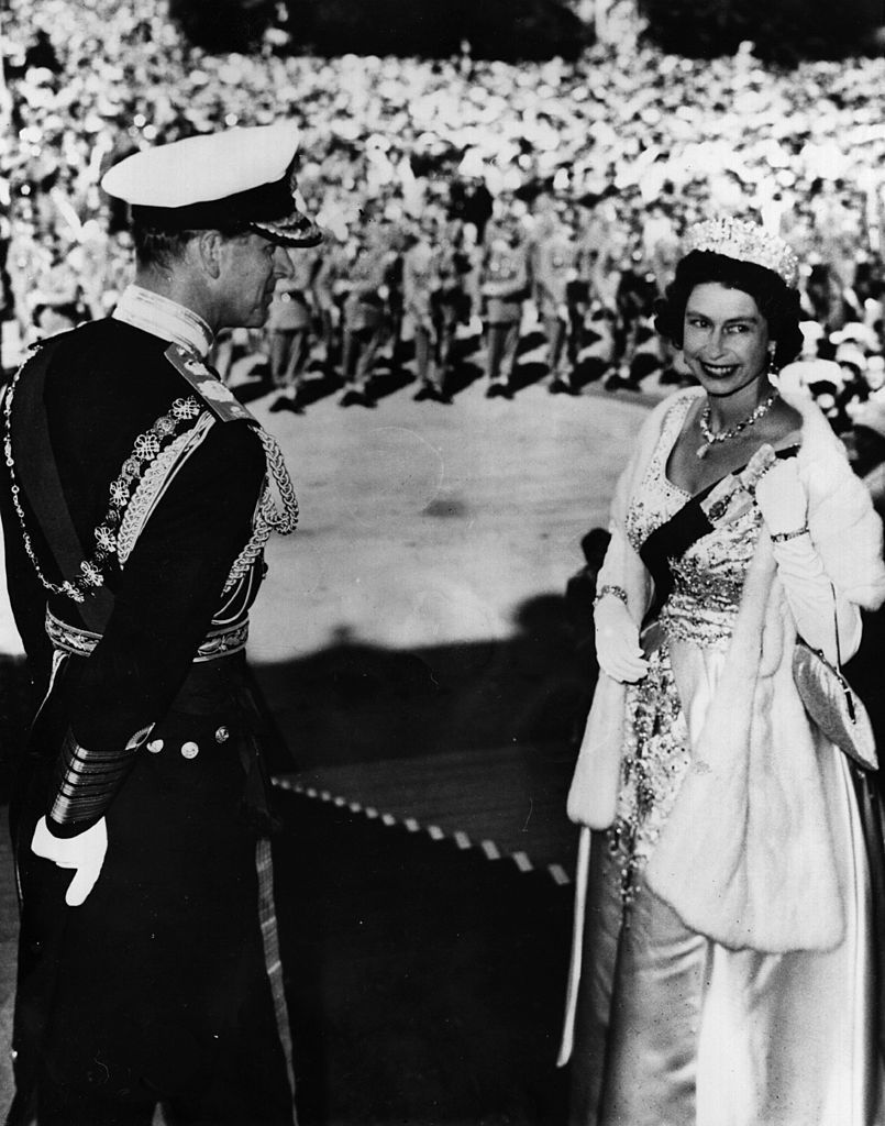 Queen Elizabeth and Prince Philip, the Duke of Edinburgh, on the steps of Parliament in Wellington before opening the legislature on February 18, 1963. Photo / Getty Images